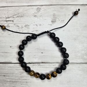 Black Lava Bead and Tiger Eye Adjustable Bracelet - Men Accessories